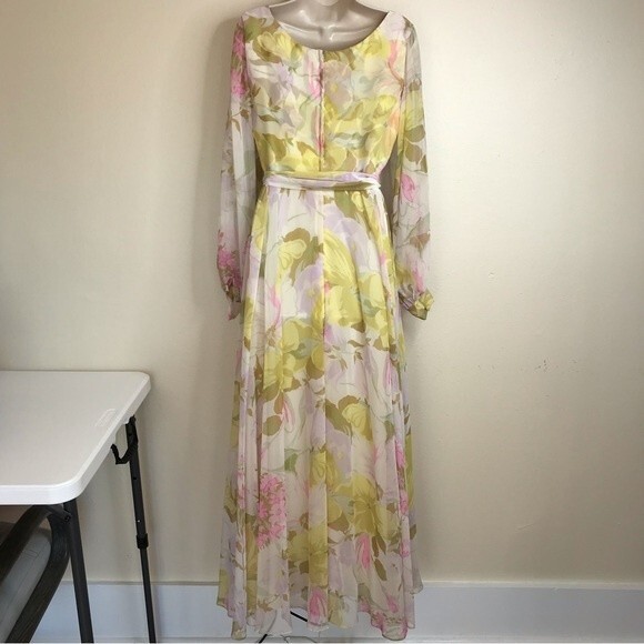 Vintage 1970s Floral Chiffon Maxi Dress Long Sleeve Tie Belt Back Zip Medium - Picture 14 of 14